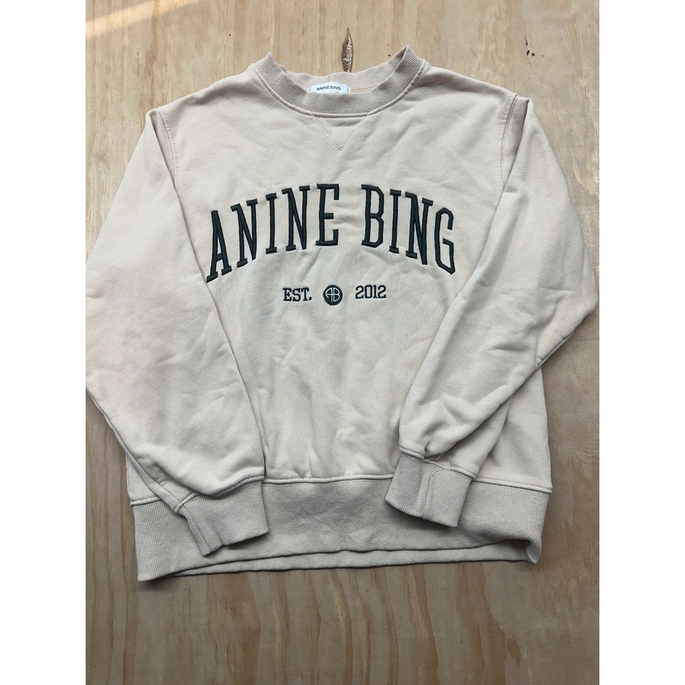 Anine Bing University Sweatshirt Sand Beige Cotton Crewneck Small Logo Graphic